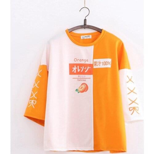 XUANHAO Japan Style Sweet Contrast Color Orange Print O-neck Short Sleeve Women T shirt female Casual loose Patchwork Tops Tees