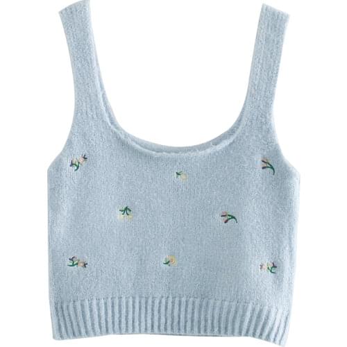 ZA Women 2020 Fashion Floral Embroidered Cropped Knitted Blouses Vintage Sleeveless Straps Female Shirts Blusas Chic Tops