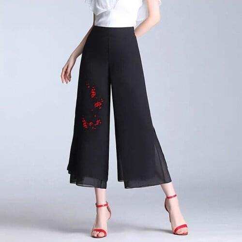 Women Korean Style Fashion Plus Size Pants High Waist Casual Wide Leg Trousers Chiffon Embroidered Spodnie Pantalones De Mujer