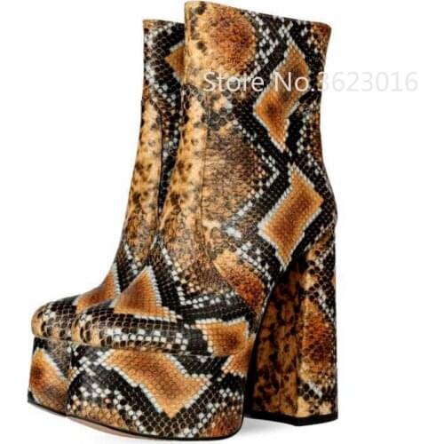 Chunky Heel Womens Fashion Boots Pointed Toe Zipper Tick Bottom Boots Snakeskin Party Ankle Boots For Women Party Dress Shoes