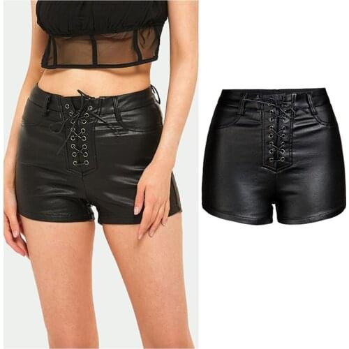 2020 Womens Nightclub Style Sexy Black PU Leather Shorts High Waist Elastic Tether Imitation Leather Women High waist Shorts