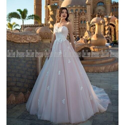 2021 New Elegant Pink Sheer Scoop Long Sleeve Custom Made Beading Lace Appliques Flowers Pleat Tulle A-Line Wedding Dress Vesti