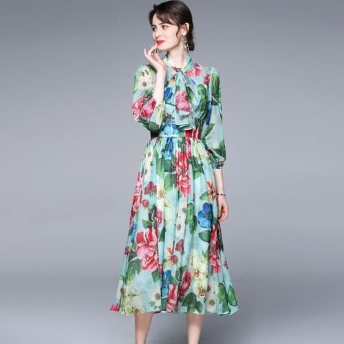 Summer Fashion Runway Elegant Green Flower Dress Women Bow Collar Belt Floral Printed Chiffon Dress Bohemian Midi Vestdios k6606