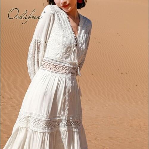 Ordifree 2021 Summer Vintage Women Maxi Dress Long Sleeve Vintage Embroidery White Lace Long Tunic Beach Dress