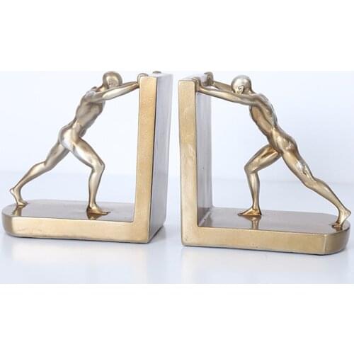 1 Pair Decorative Book Shelf Bookends, Golden Man Pushing Book Support, Book Stopper Ornaments Resin Craft for Home Cabinet