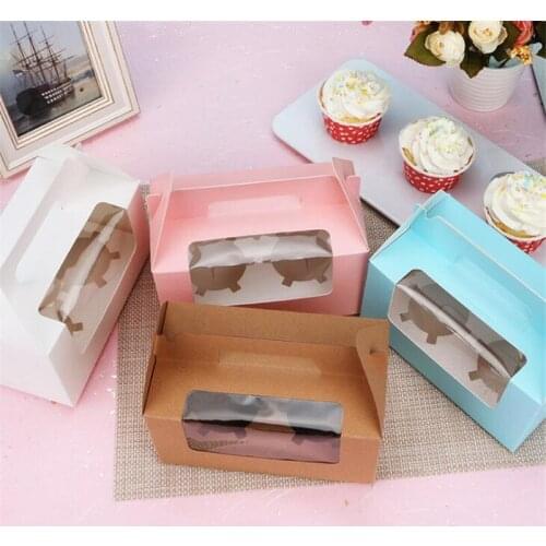 10Pcs/Lot Kraft Paper Cake Box Window Handle Brown Cupcake Box Wedding Paper Cardboard Boxes White Pink Packaging Gift