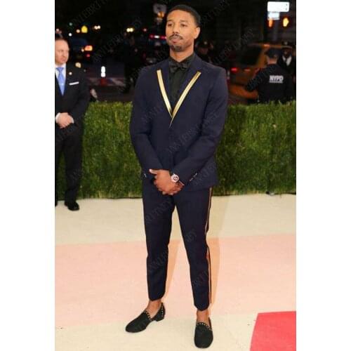 ANNIEBRITNEY Latest Coat Pant Designs Gold Lapel Men Suit Set Navy Blue Tuxedo Slim Fit 2Pcs Men Suits Groom Wedding Prom Blazer