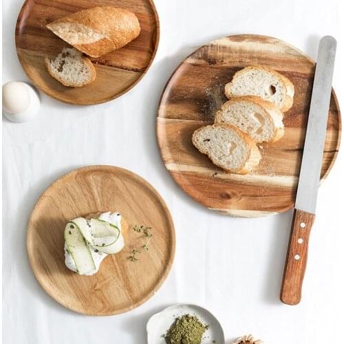 Rubber Acacia Wood Solid Snack Round Plate Cake Fruit Dishes Saucer Tea Tray Sushi Board Dessert Dinner Plate Party Tableware