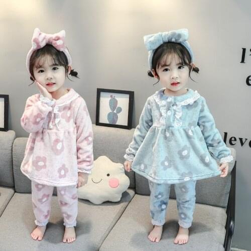 Childrens clothing girls autumn pajamas 2019 new childrens flannel flower home service two-piece suit with hair accessories