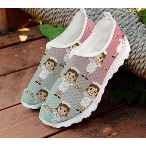 ELVISWORDS Light Color Nurse Pattern Breathable Lady Air Mesh Sneakers Womens Casual Flats Shoes Female Slip on Lazy Shoes 2021