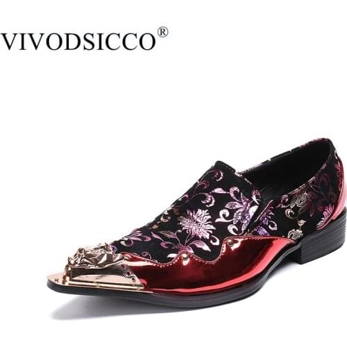 VIVODSICCO Classic Genuine Leather Metal Tip Slippers Flats Banquet Wedding Mens Dress Shoes Rivets Patent Leather Print Shoe