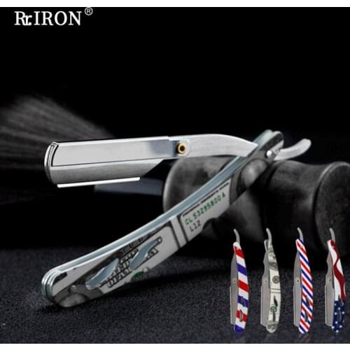 RIRON Classic Barber Manual Folding Mens Shaver Stripes Flag Print Shaving Knife Shaving And Hair Removal Tool