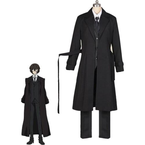 Anime Bungou Stray Dogs Cosplay Costume Dazai Osamu Cosplay Costume Men Black Trench Pant Tie Outfit Halloween Carnival Uniform
