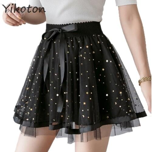 Summer Skirt for Women 2021 Star Black Mesh A-Line Kawaii Mini Skirts Sweet and Cute With Bow Student High-Waisted Skirt Short