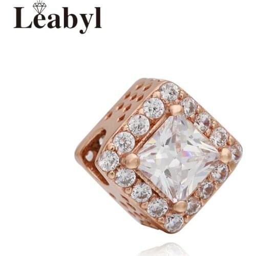 Leabyl New Arrival Full White Crystal Square Charm fit Bracelet Bangle Rose Gold Lozenge Bead for DIY Jewelry Making