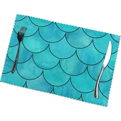 Table Mats Drink Coaster Table Placemats Bright Teal Color Mermaid Fish Scale Wave Coffee Mug Cup Coasters 6 PCS Non-slip Pads