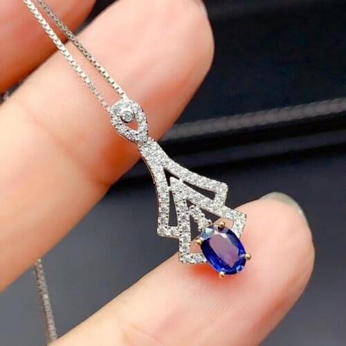 S925 silver natural blue sapphire Pendant necklace natural gemstone pendant Elegant geometry water woman girl party gift jewelry