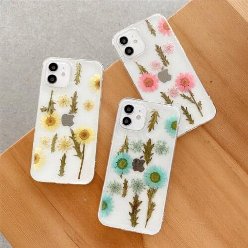 Qianliyao Dried Flower Daisy leaves Clear Phone Cases For iPhone 12 11 Pro Max XS Max XR X 7 8 Plus SE 2020 Soft Silicone Cover