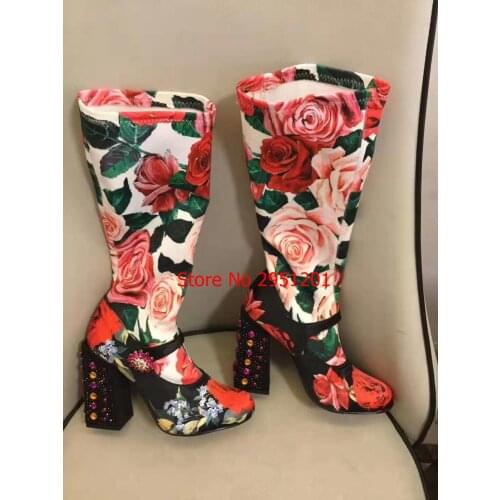 Studded Buckle Knee High Boots Women Embroidered Print Flower Chunky Heel Boots Winter Shoes Woman