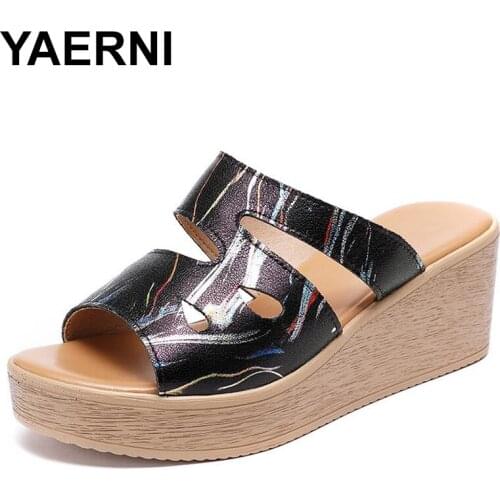 YAERNI Women Slippers Genuine Leather Shoes Lace Up Outside Slides Ladies Fashion Wedges Summer Thick Beach Rocker Sole