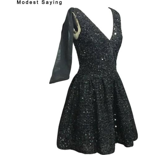 Sexy Deep V Neck Black Sequined Lace Mini Party Cocktail Dresses 2017 Ribbons Shoulder Short Prom Gowns vestidos de coctel BC139