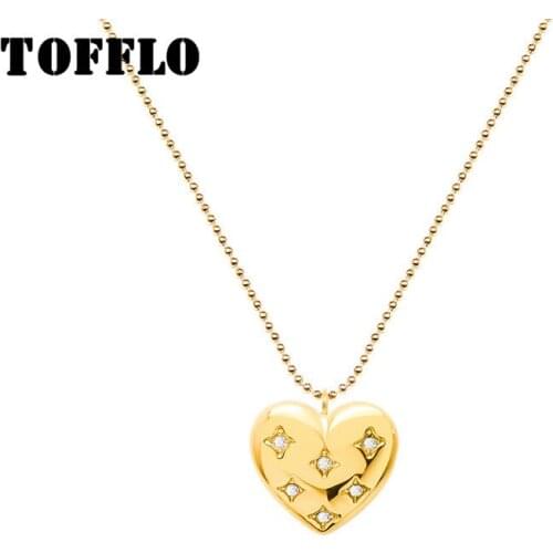 TOFFLO Stainless Steel Jewelry Peach Heart Zircon Sweater Chain Long Heart With Zircon Necklace Sweet Chain For Female BSP583