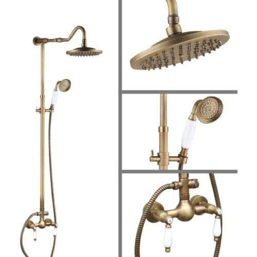 Vintage Retro Antique Brass Wall Mounted Bathroom 8" Round Rain Shower Head Faucet Set Dual Ceramic Handles Mixer Tap man518
