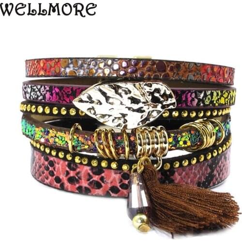 WELLMORE Leather bracelet,tassel, crystal,leaves,Bohemian charm bracelets for women jewelry wholesale