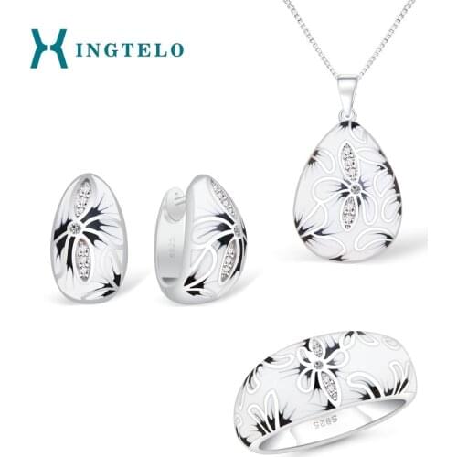 XINGTELO 925 Sterling Silver Jewelry Set Water Drop Earrings Pendant Ring Chain Cubic Zirconia Enamel Silver Jewelry for Women