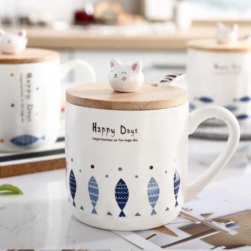 Japanese Cute Simple Creative Cat and Fish Mark Ceramic Cup Cartoon with Spoon and Cover Breakfast Milk Cup