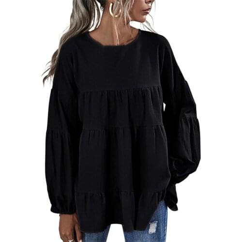 65% Dropshipping!Women Blouse Solid Color Skin-friendly Ruffles Patchwork Spring Autumn Lantern Sleeve O Neck T-shirt Streetwear