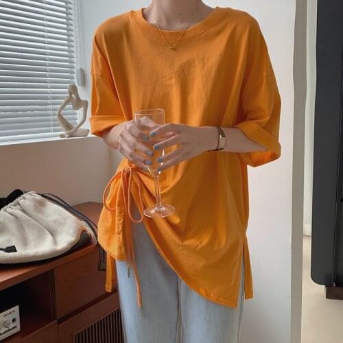 Retro Stitching Split Top T-shirt Womens Long Sleeve Embroidery Casual Aesthetic Girls T-shirt Drawstring Women Clothing