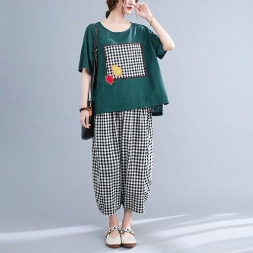 2021 New Fashion Women Clothes Set High Waist Pants Loose Tops 2 Piece Set Cotton Linen Plaid Patchwork Summer Casual Set Suits