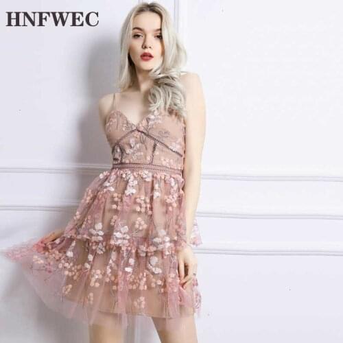 Self Portrait Dress 2020Summer Chic Women Pink Floral Embroidery Mesh Dress Sexy Spaghetti Strap Mini Ball Gown Party Dress Y584