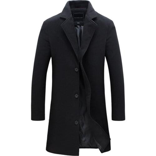 Winter Cashmere Mens Coat Turn-Down Collar Long Sleeve Cardigan Button Solid Slim Korean Style Fashion Casual Coat