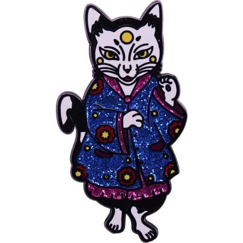 Lucky cat glitter lapel pin magic witch flair art addition