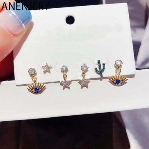 ANENJERY 6 pieces/set 925 Sterling Silver Star Eye Earrings Set For Women Micro-inlaid Zircon Personalized Jewelry Wholesale