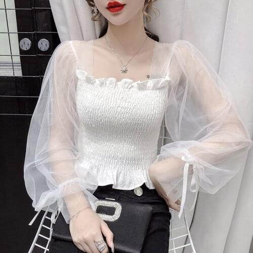 White shirt womens 2020 autumn new Korean version of mesh lantern sleeve sexy slim slimming top women