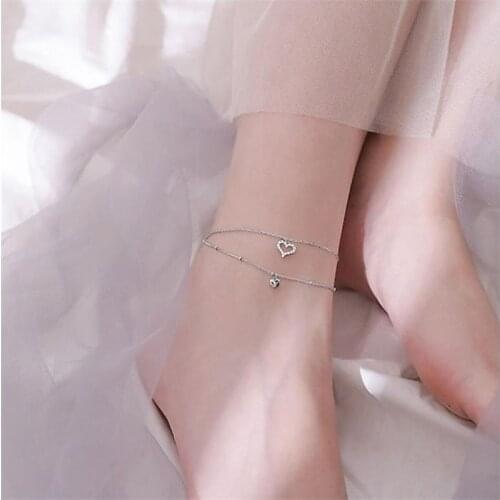 Exquisite Zircon Heart Double Layer Anklets Girl Jewelry 100% Silver 925 Anklets Female Princess Foot Accessories Christmas Gift