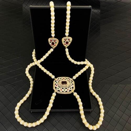 Handmade Long Beads Algeria Fashion Women Jewelry Chain Pearls Shoulder Chest Jewelry Chain for Bridal with Rhinestone