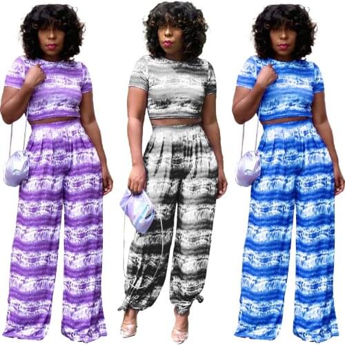 Chiclover Streetwear Women Two Piece Set Wholesale Items Casual Print Wide Leg Pants Sets Crew Neck Tights Crop Top Dropshipping