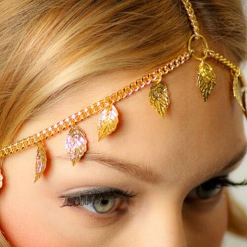 Womens Girls Vintage Metal Alloy Head Chain Bohemia Headband Gold Leaves Tassels Drop Pendant Headwear Jewelry Headpiece Gift
