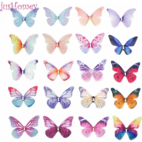 100PCS Double-layered Organza Butterfly Appliques 48mm Silk Butterflies w/ Rhinestone for DIY Jewelry Making, Choker, Hair Clips