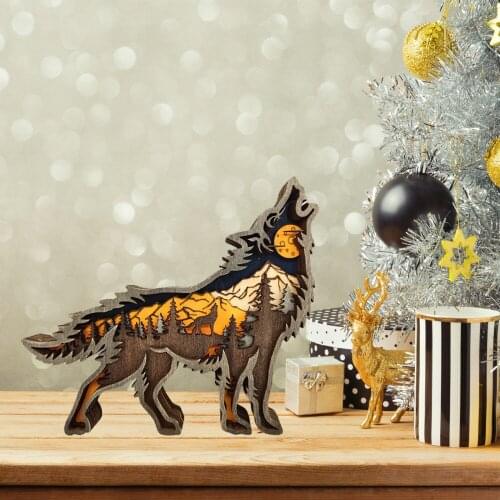 Christmas Ornament Decoration Landscape Wolf Totem Silhouette Forest Animal Wooden Carving Crafts Multi-Layer Creative Statue