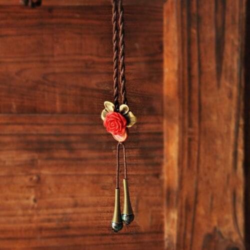 Ceramic Red Flower Pendant Necklaces Long Bohemian Rope Chain Ceramic Dark Blue Beads Stone Charm Statement Chains Women Jewelry
