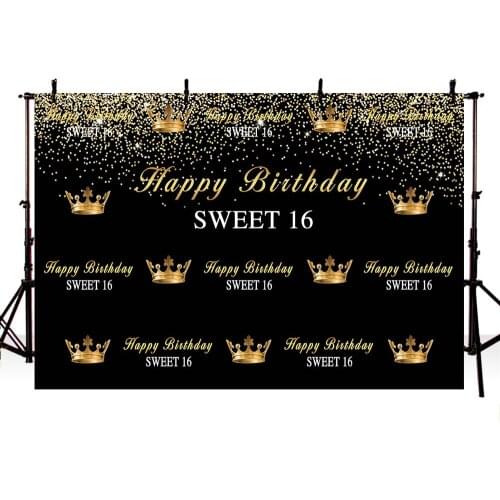 Mehofoto Crown Royal Sweet 16 Photo Background Happy Birthday Party Banner Black Gold Backdrops for Photography Party Decor 365
