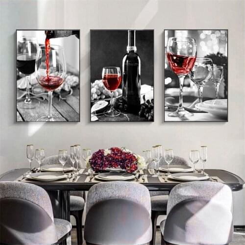 Red Wine and Bottle Kitchen Poster Black White Drink Food Canvas Print HD Wall Art Painting Picture Dining Room Restaurant Decor