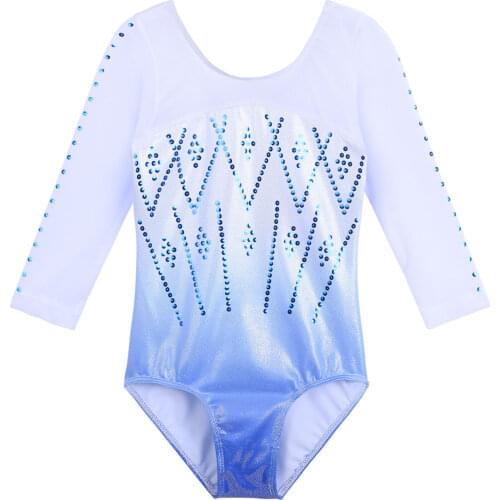 BAOHULU Teens Three-Quarter Sleeve Leotard for Gymnastics Girls Sparkle Sequin Gradient Blue Ballet Clothes Ballerina Dance Wear
