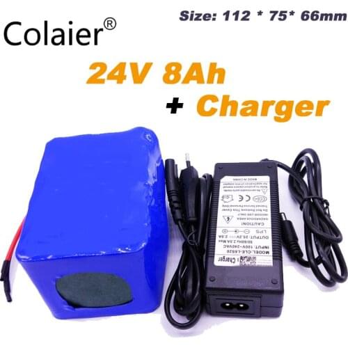 Colaier 24v 8Ah lithium esooter battery 24v 8000mah li-ion wheelchair battery pack DC for 250w electric bicycle motor +25.2v 2A
