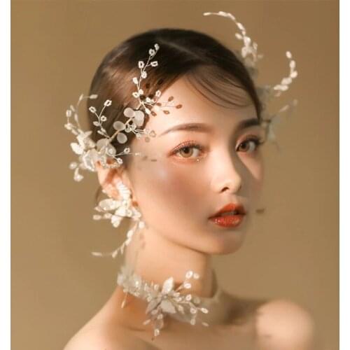 Trendy White Flower Hairpins Small Pearl Beads Headbands Wedding Hair Accessories for Girls Necklace Earrings 3 Pieces Ornaments